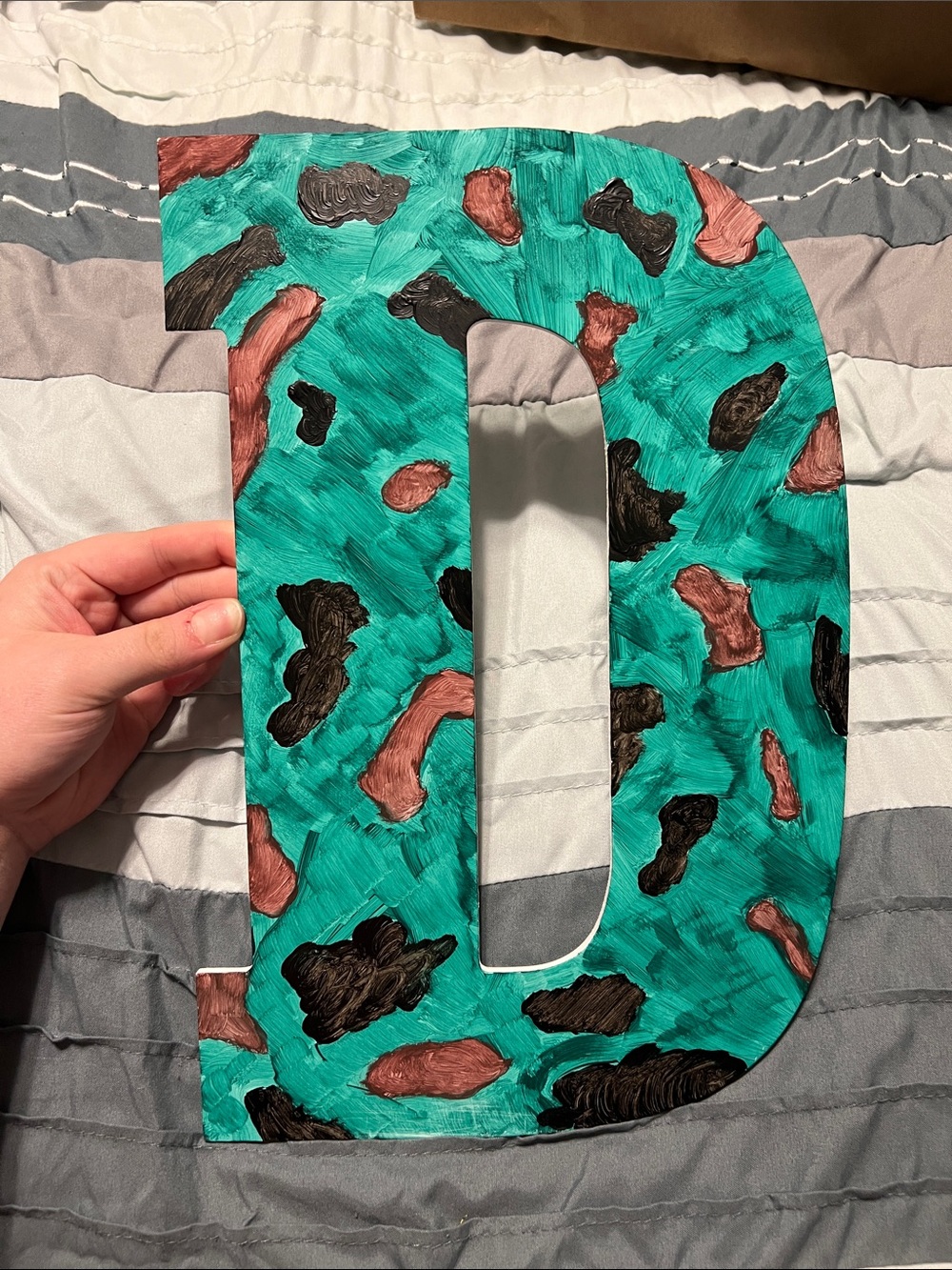Hand-Painted Letter “D” - Green with Brown and Black Spots -camouflage
